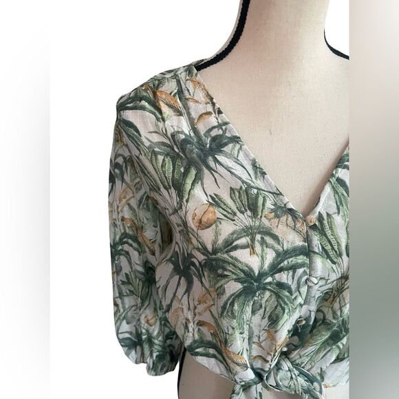 C by One - Tropical Green Tie-Front Blouse. - Picture 3 of 9